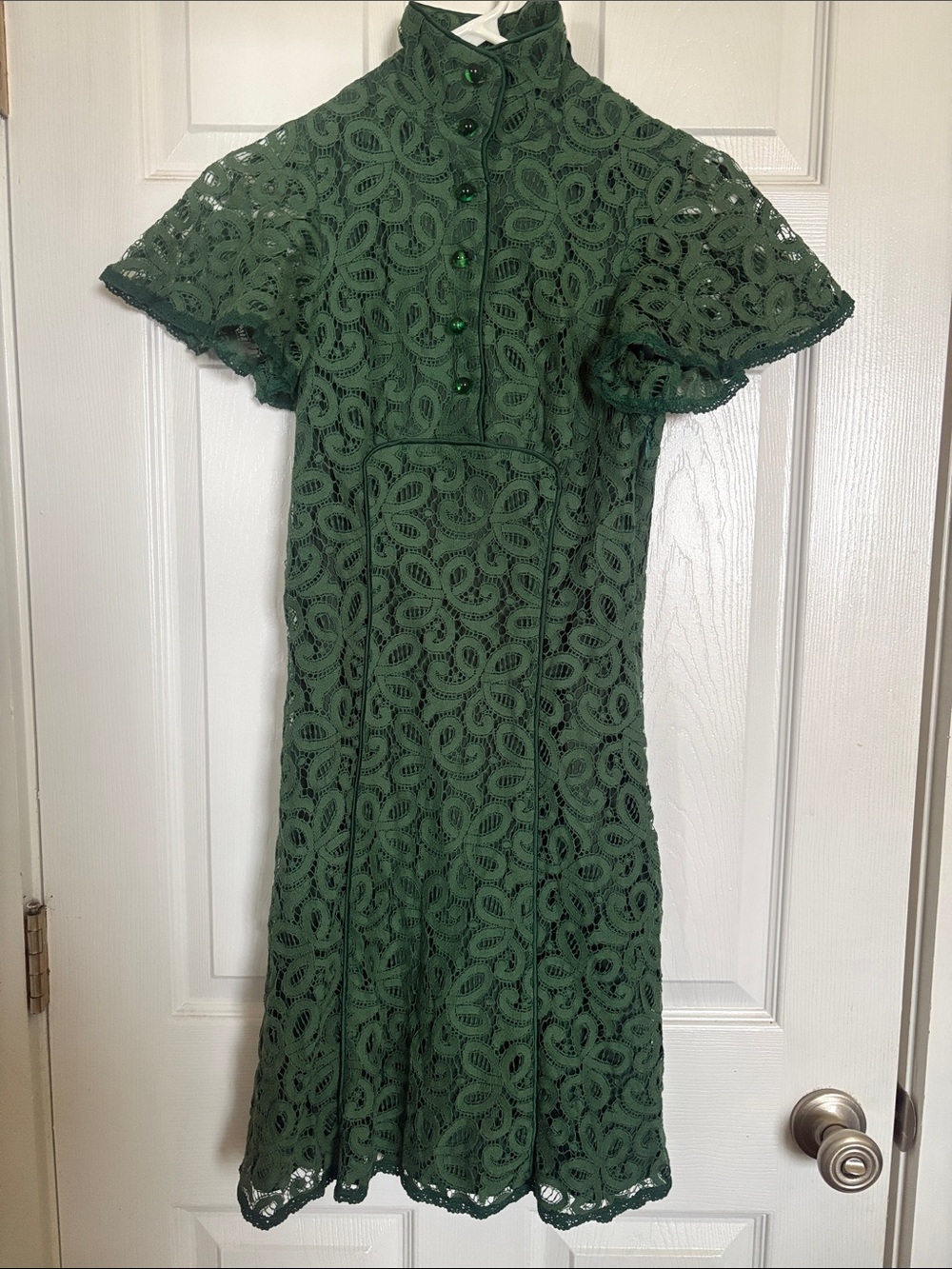 Vintage Betsey Johnson Forest Green Lace Midi Dress with High Neck